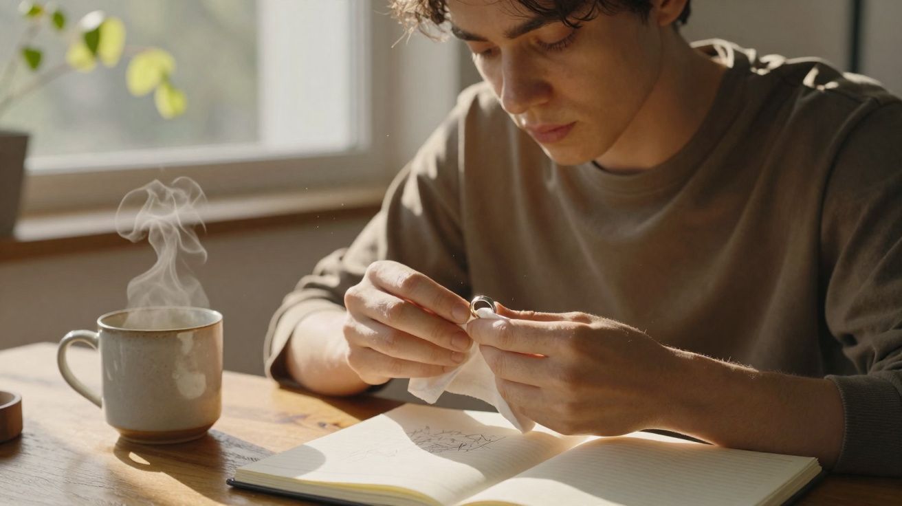 Jovem sentado à mesa limpando anel, com caderno aberto e xícara de café fumegante ao lado.