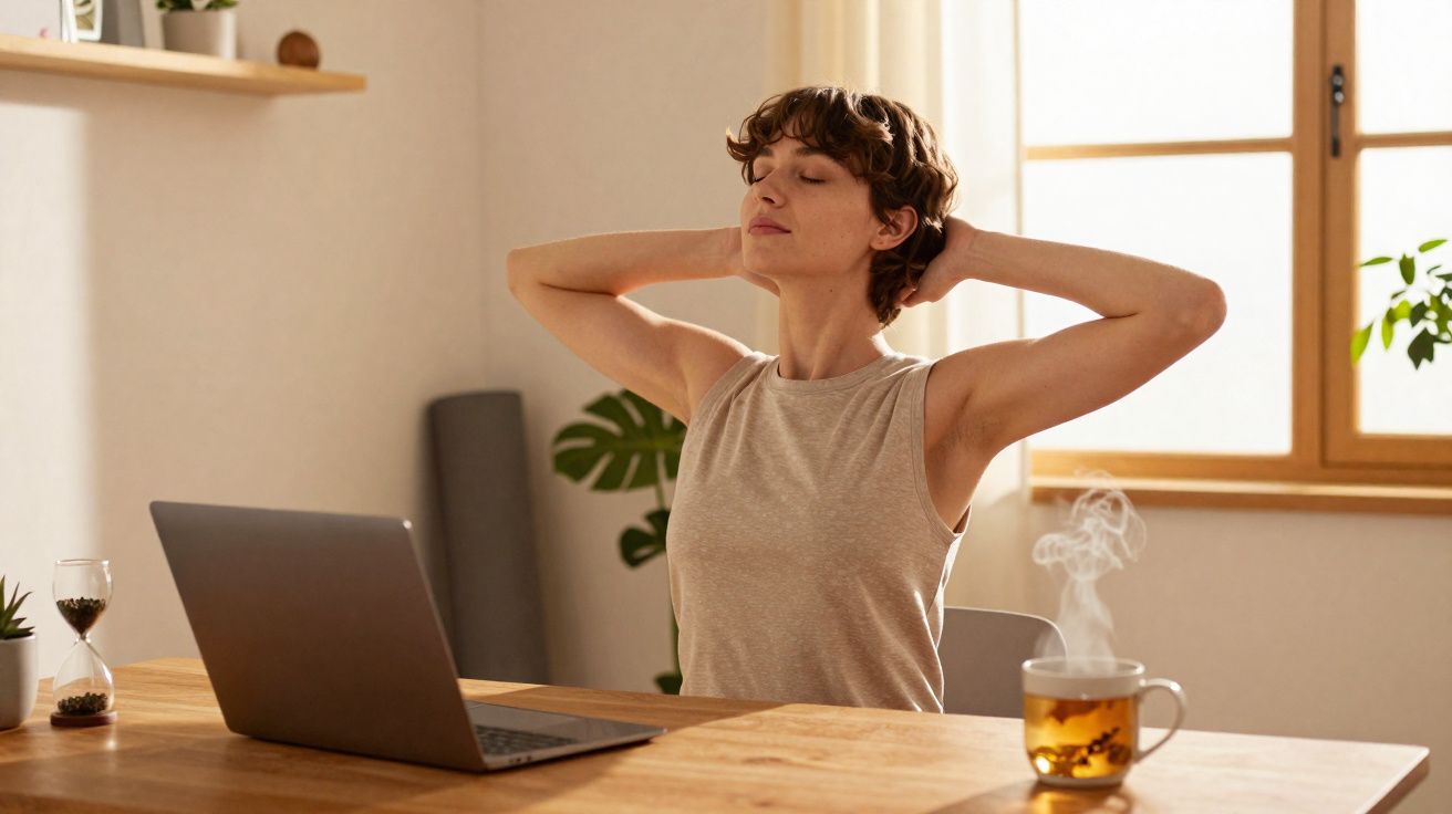 Mulher fazendo alongamento sentado à mesa com laptop e chá fumegante em ambiente iluminado.