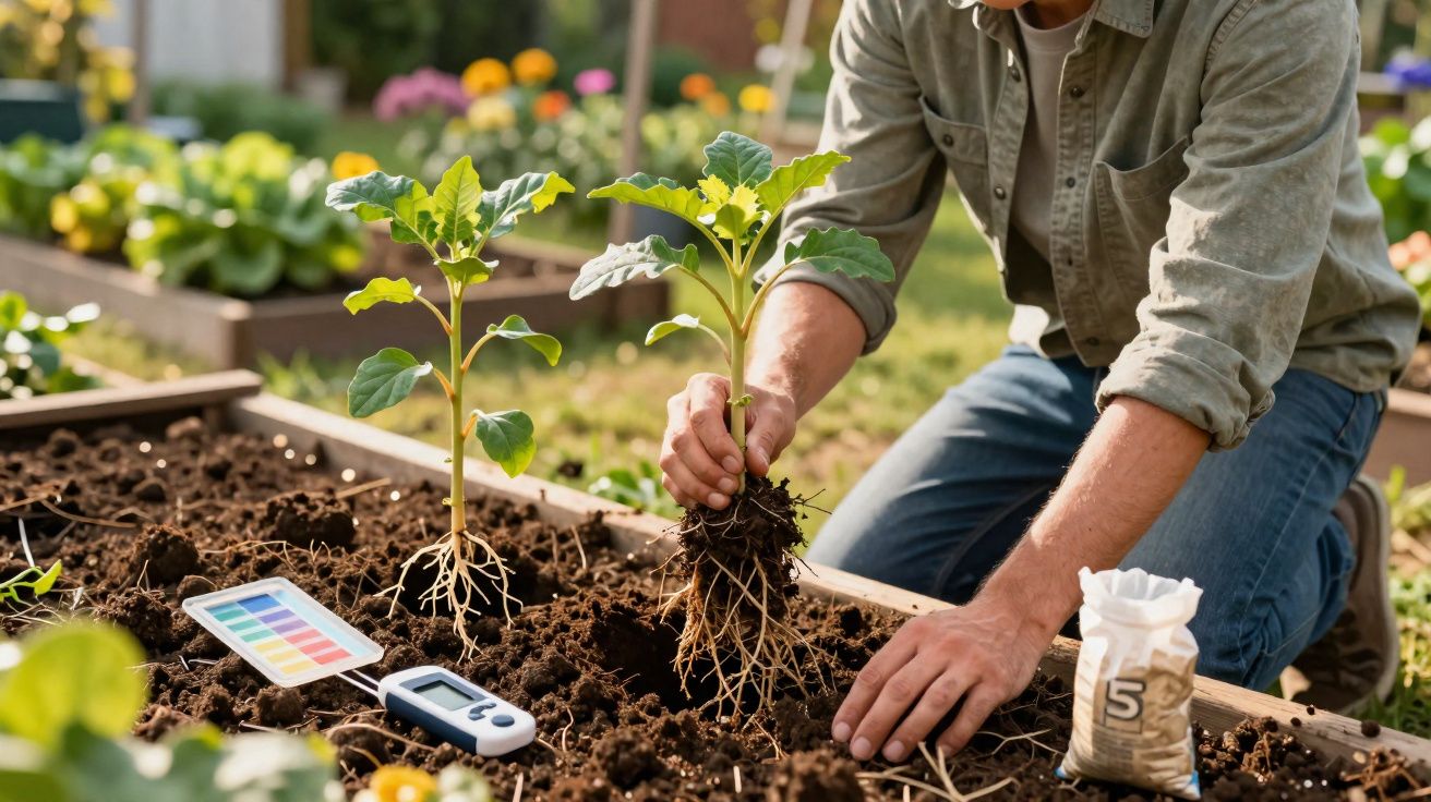 Pessoa plantando mudas em canteiro de terra com ferramentas de medição e saco de adubo.