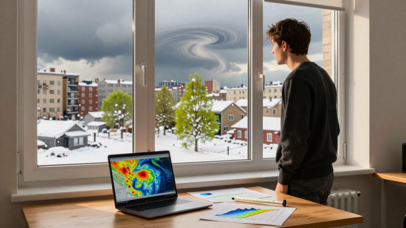Jovem observa tempestade incomum pela janela enquanto analisa dados climáticos no laptop e gráficos na mesa.