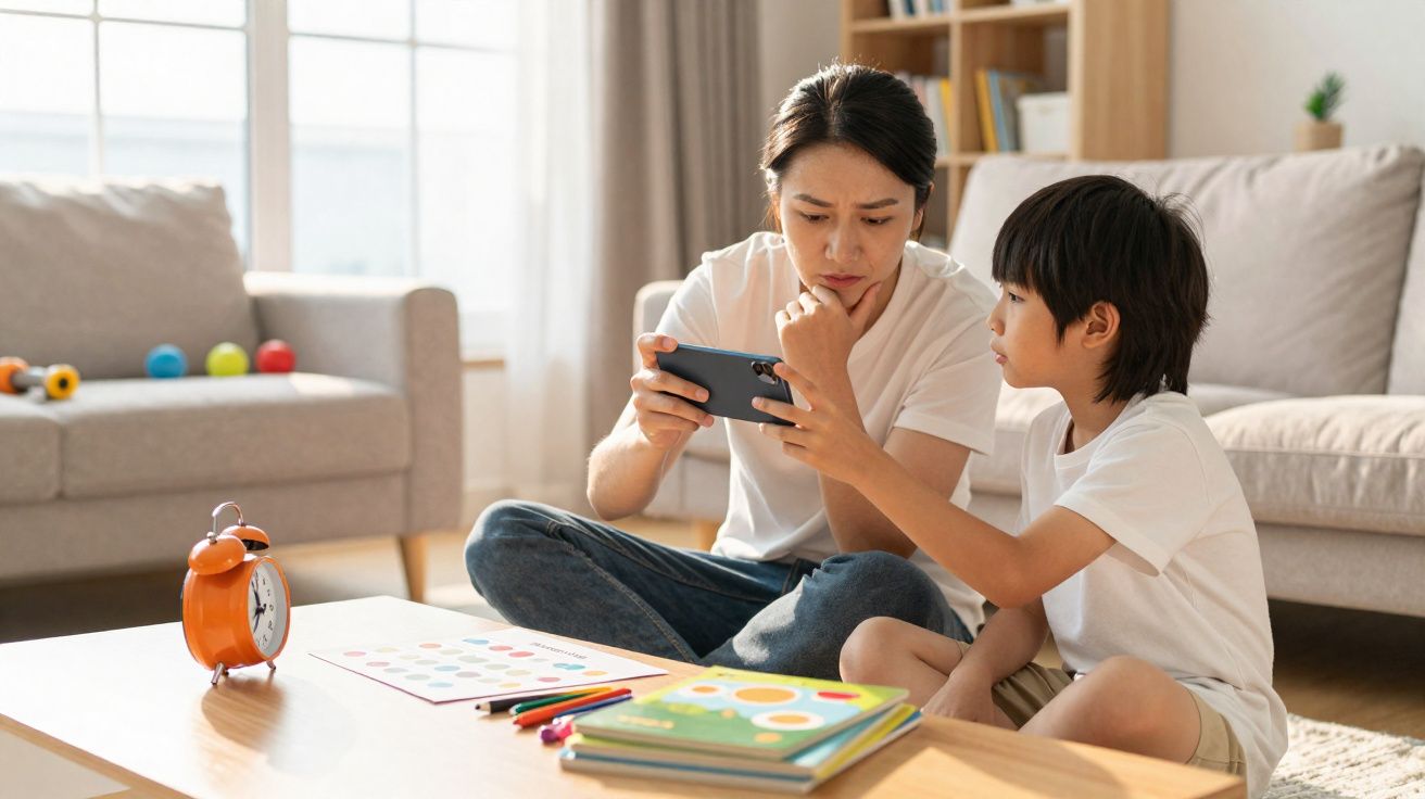 Mulher e menino sentados no chão olhando concentrados para o celular em sala iluminada.