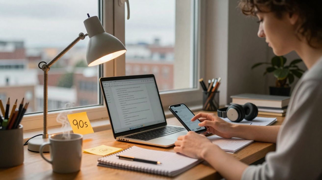 Pessoa usando smartphone e laptop em mesa com caderno, caneta, luminária e xícara em ambiente de trabalho.