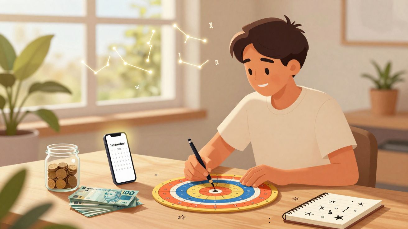 Jovem sentado em mesa escrevendo alvos, com dinheiro e celular mostrando calendário de novembro.