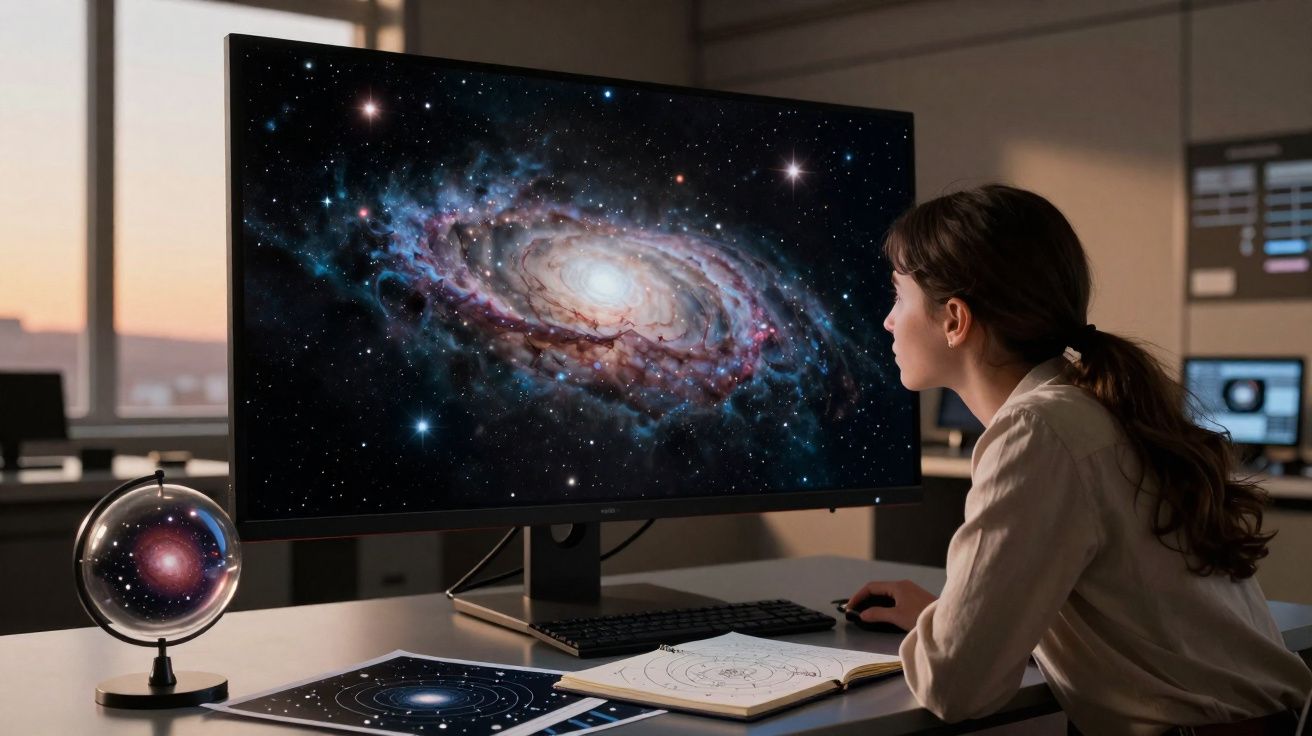Mulher observando imagem de galáxia em computador, com globo e anotações sobre astronomia na mesa.