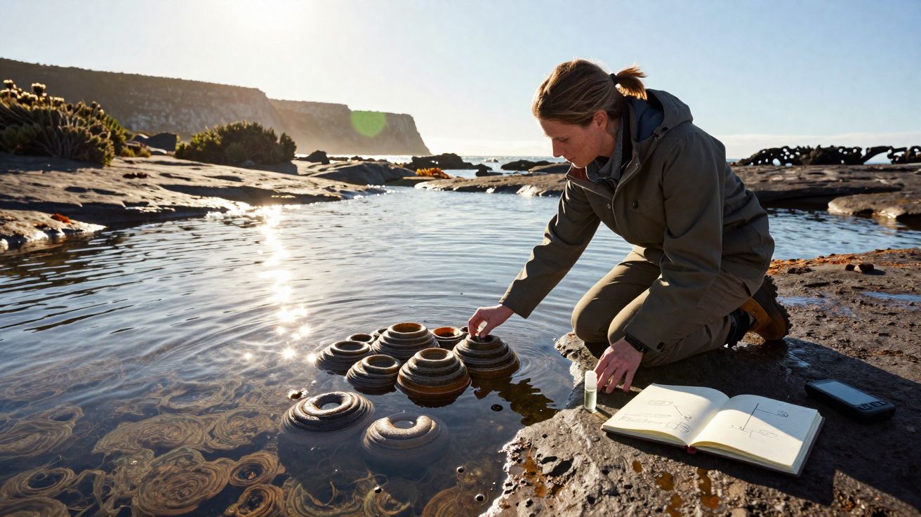 Mulher coleta amostras em piscinas naturais na costa rochosa sob luz do sol na manhã clara.