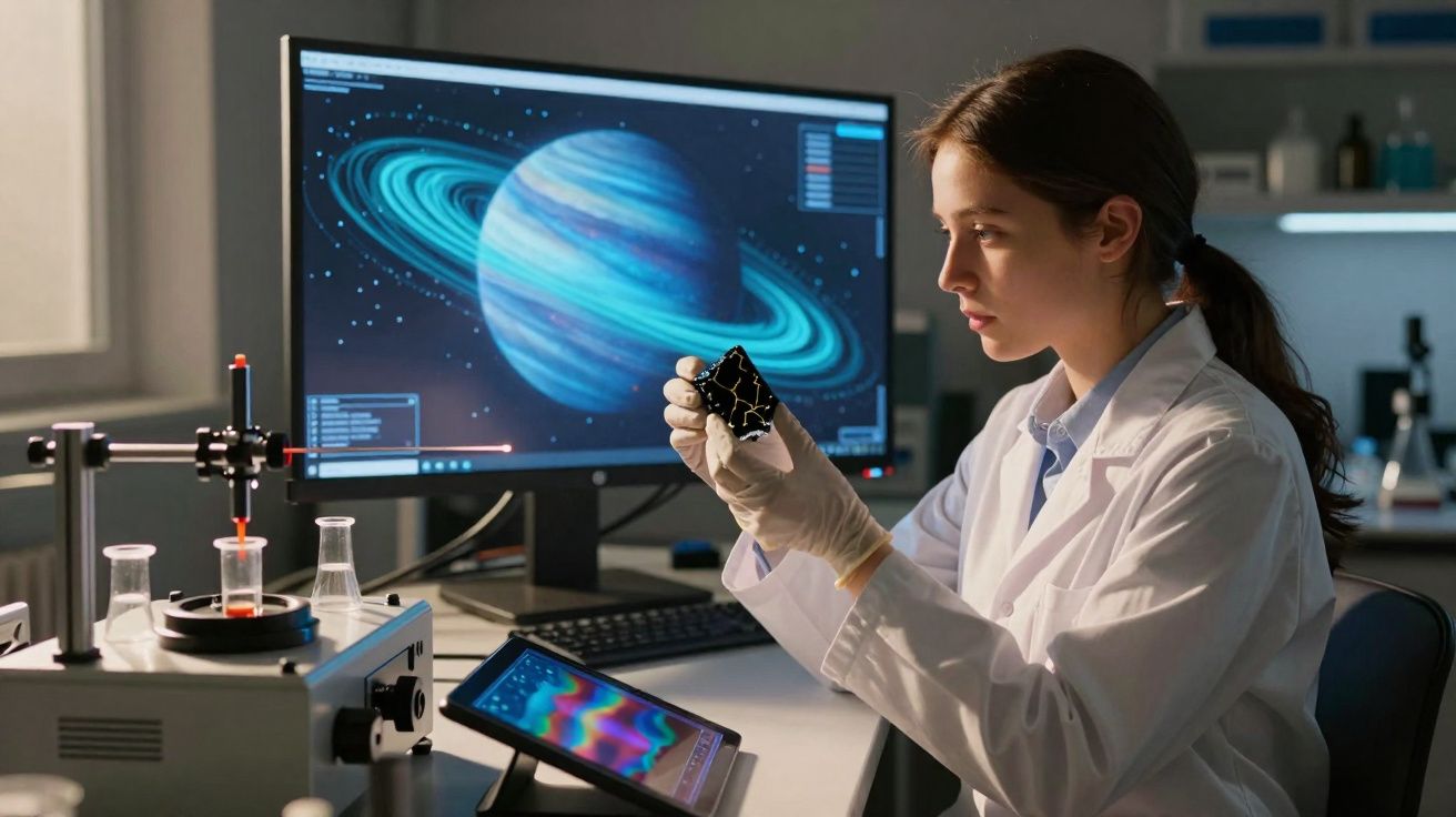 Cientista mulher em laboratório segurando modelo espacial com imagem de planeta com anéis na tela ao fundo.