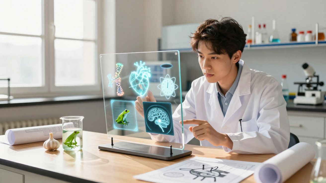 Cientista em laboratório interagindo com tela holográfica mostrando coração, cérebro, girino e moléculas.