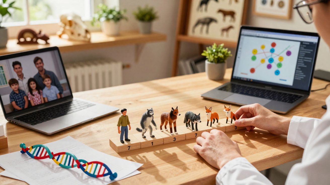 Pessoa mexendo em figuras de evolução animal sobre mesa com laptops e modelo de DNA colorido.