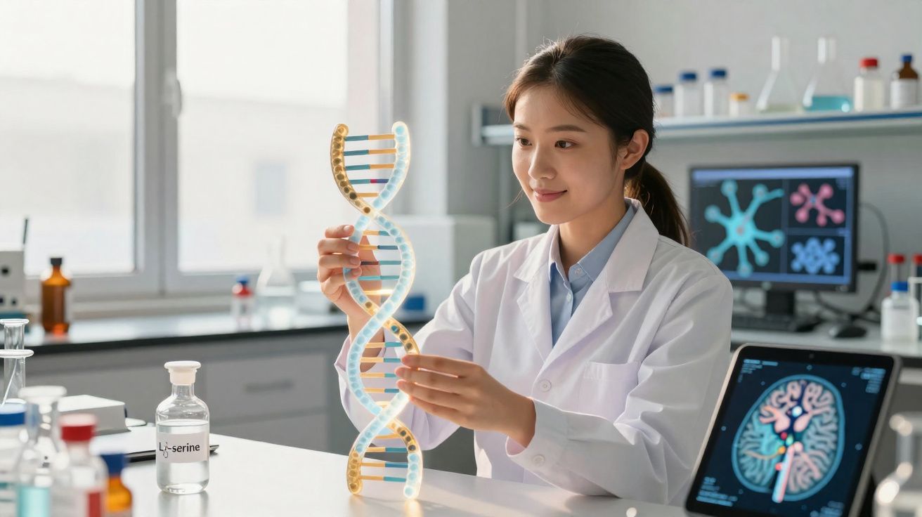 Cientista mulher em laboratório segurando modelo 3D da estrutura da dupla hélice do DNA.