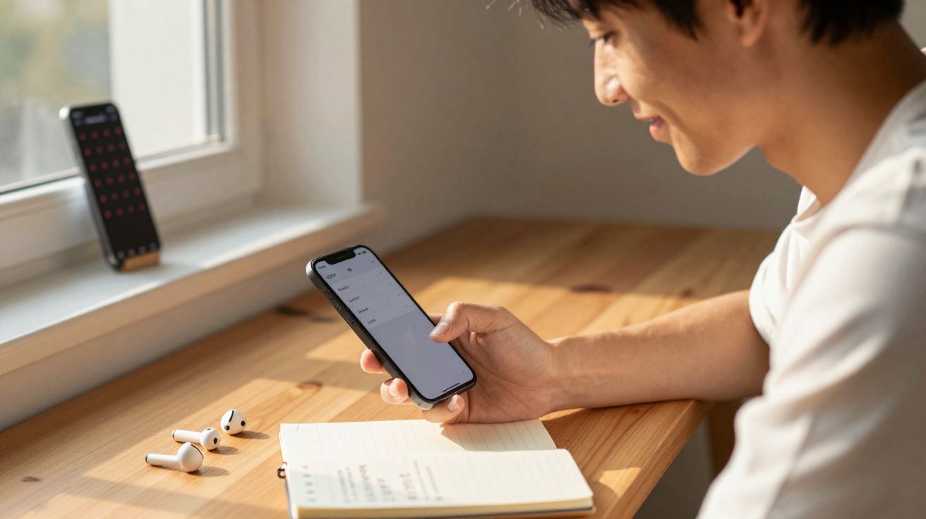Mulher sorrindo usando smartphone sentado à mesa de madeira com fones e caderno próximo à janela.