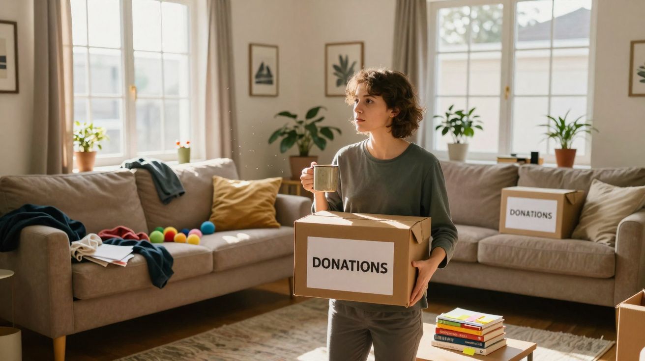 Pessoa segurando caixa de doações e xícara em sala com sofás, plantas e caixas de doações ao fundo.