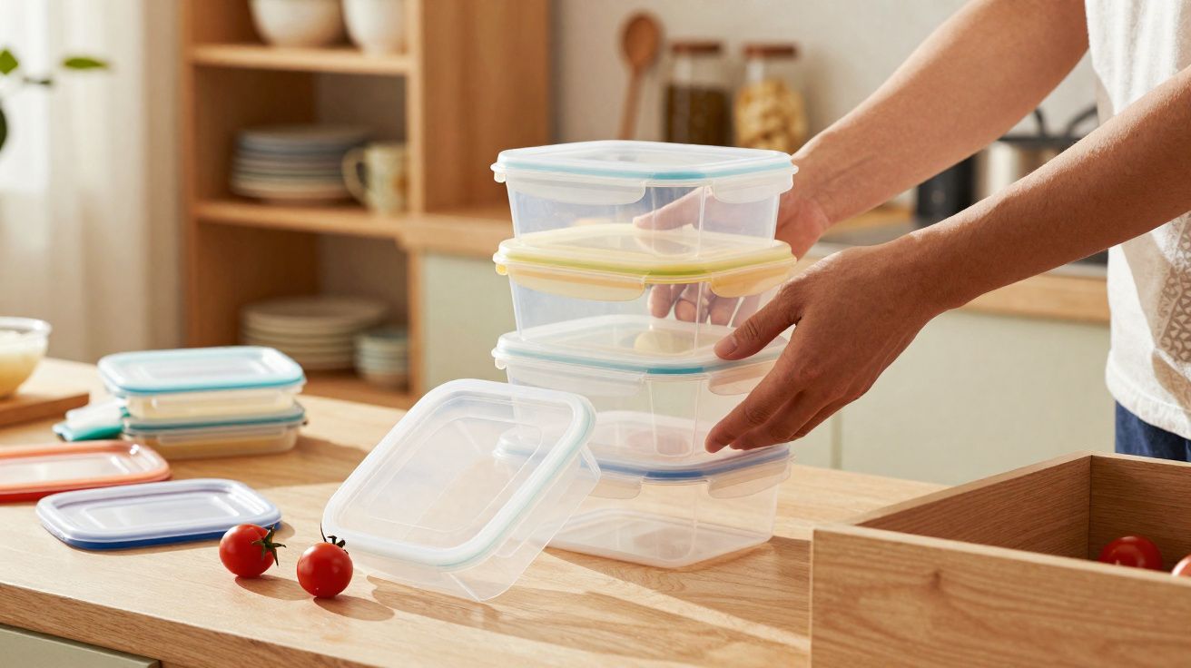Pessoa organizando potes plásticos transparentes com tampas coloridas em bancada de cozinha, com tomates ao lado.