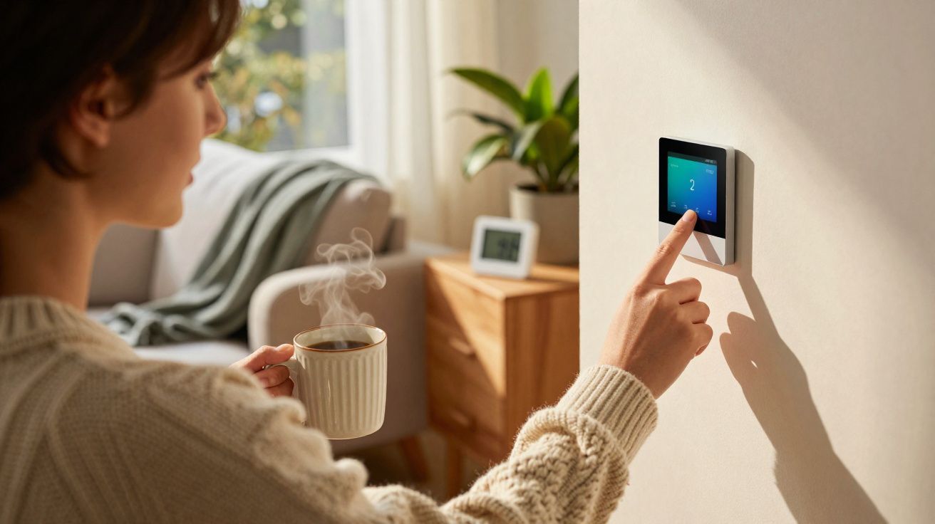 Mulher segurando xícara de café ajusta termostato digital na parede em sala iluminada.