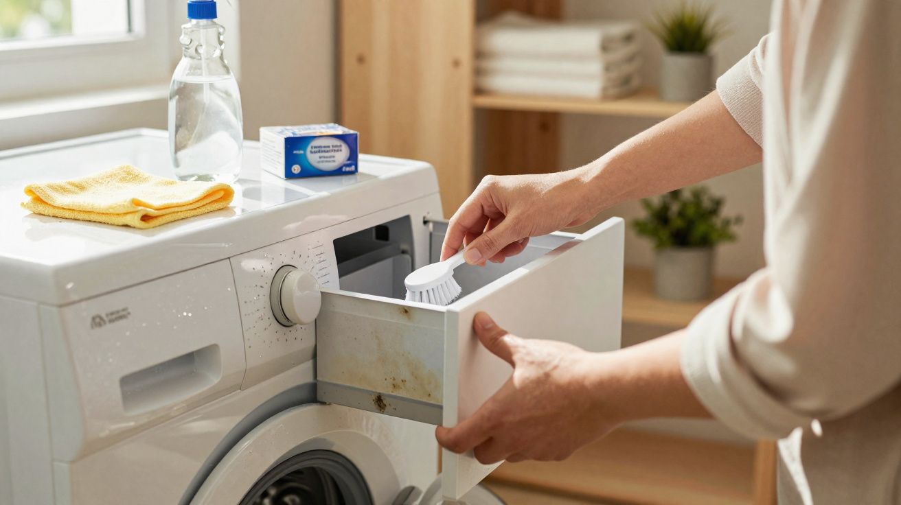 Pessoa limpando gaveta de sabão em máquina de lavar roupa branca em ambiente doméstico.