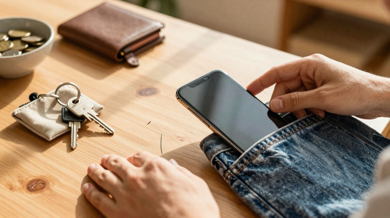 Pessoa guardando celular no bolso de uma calça jeans sobre mesa com chaveiro, carteira e moedas.