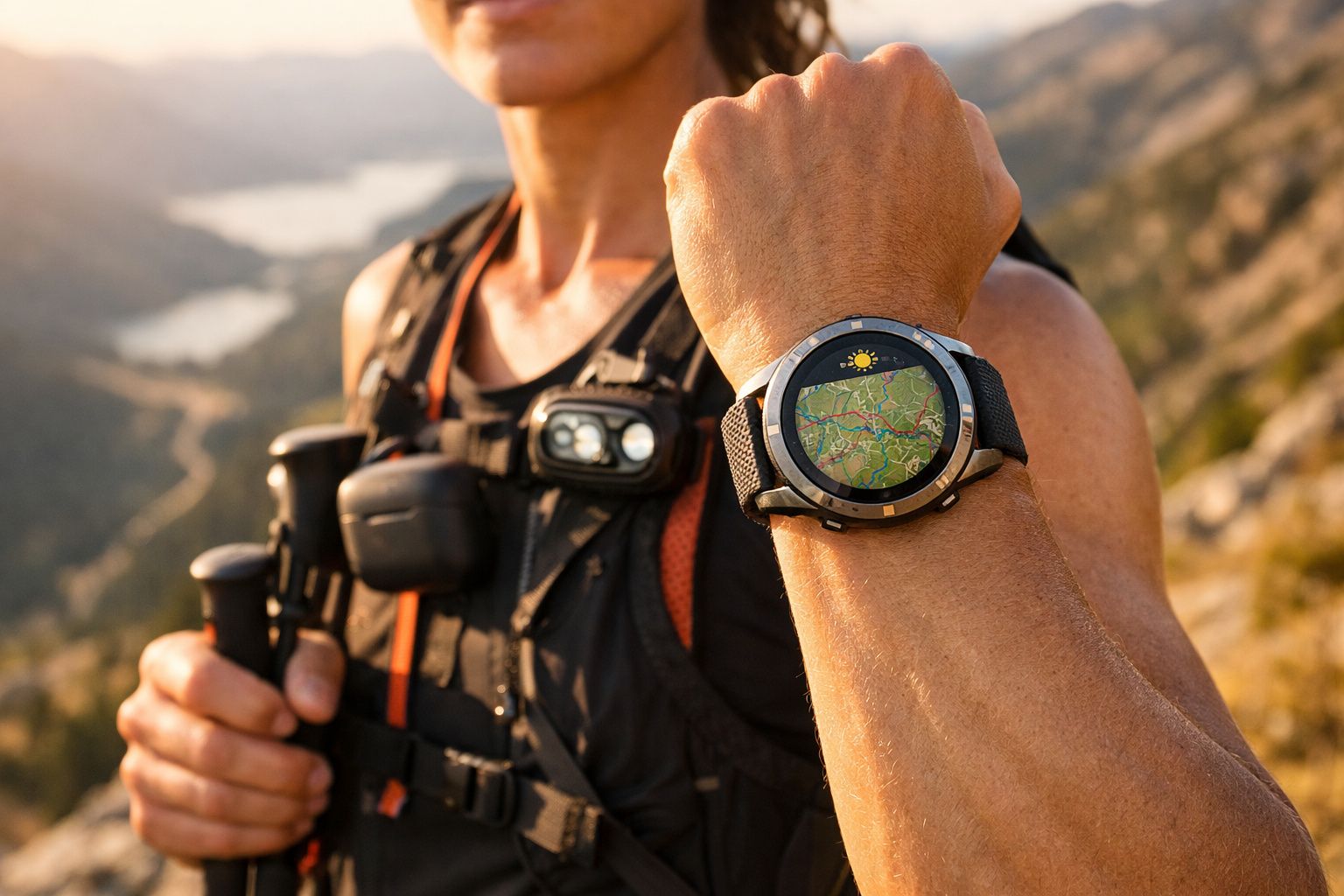 Pessoa com colete de aventura e mochila mostrando relógio inteligente com mapa e clima na tela durante trilha.
