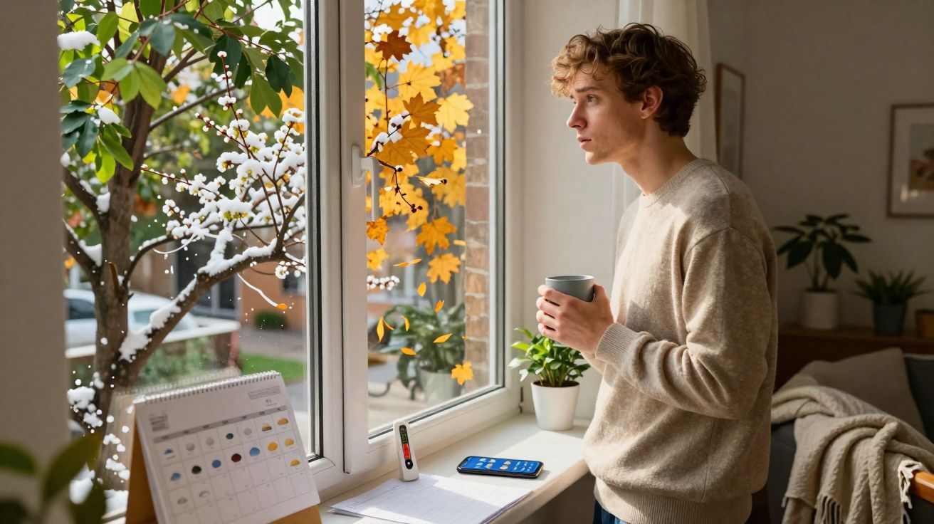 Jovem segurando caneca olhando pela janela, com calendário e celular sobre o peitoril.