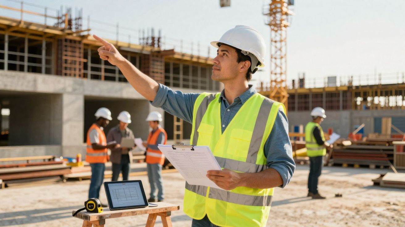Engenheiro com colete e capacete branco apontando em canteiro de obras, com equipe e materiais ao fundo.