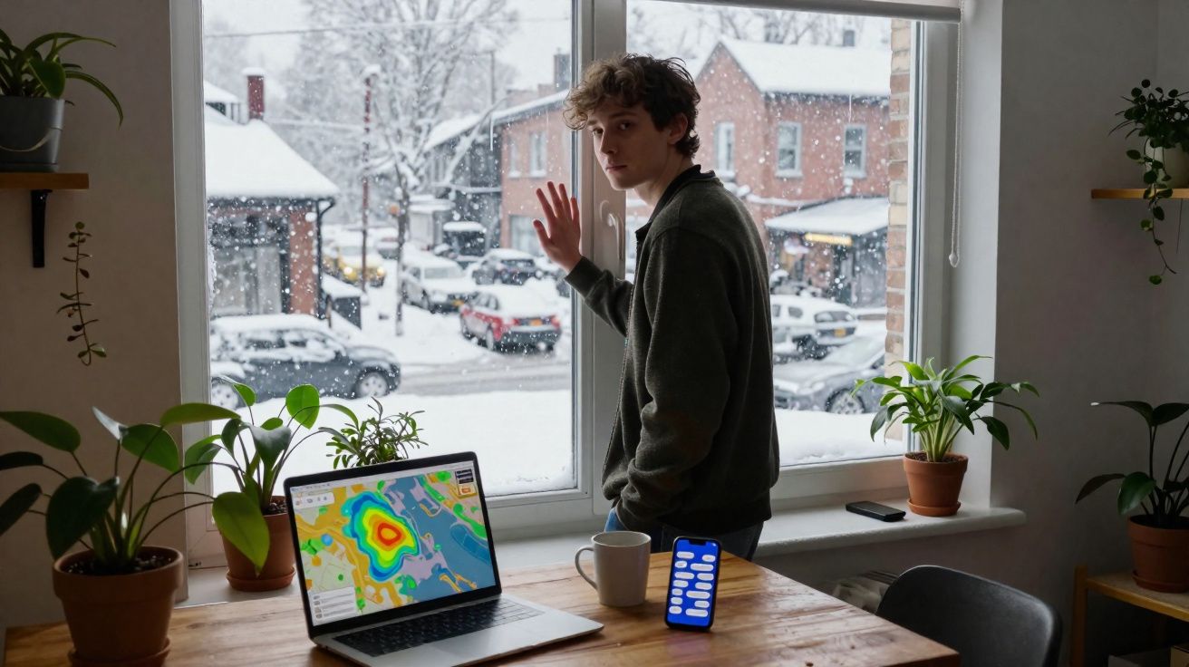 Jovem olhando pela janela com neve lá fora, laptop e celular na mesa mostrando mapas e dados.