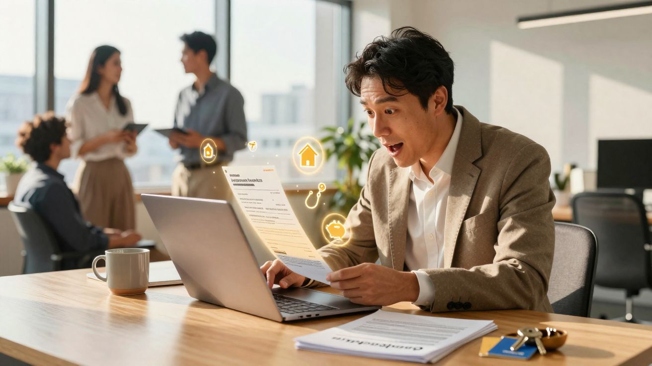 Homem surpreso olhando documento com laptop em mesa de escritório moderno e pessoas ao fundo.