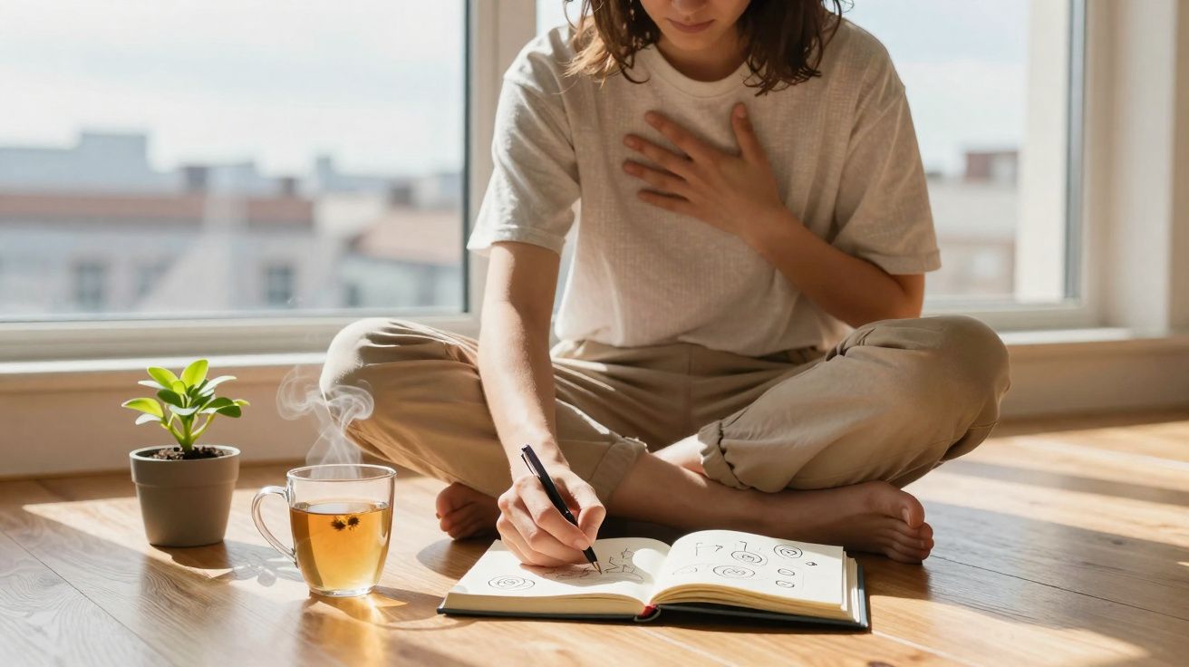 Pessoa sentada no chão escrevendo em diário com caneca de chá quente e planta ao lado, luz natural.