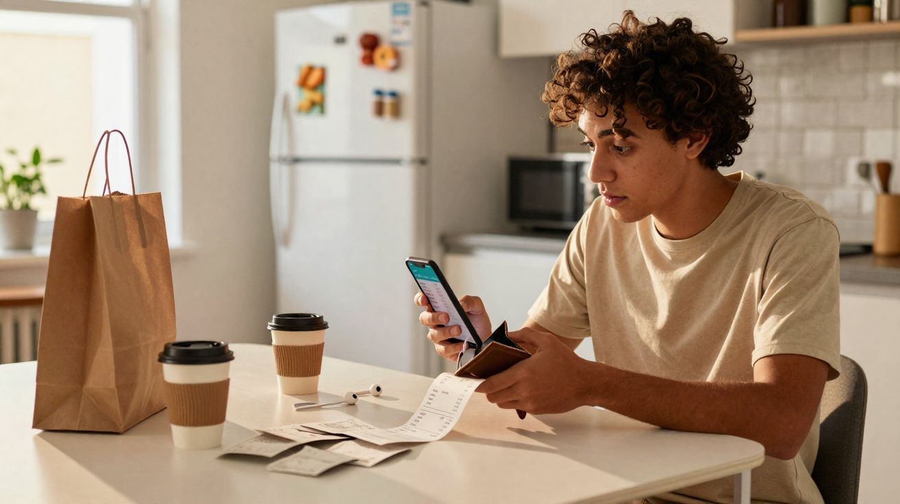 Jovem sentado à mesa olhando o celular, segurando carteira, com sacola, copos e recibos na cozinha.