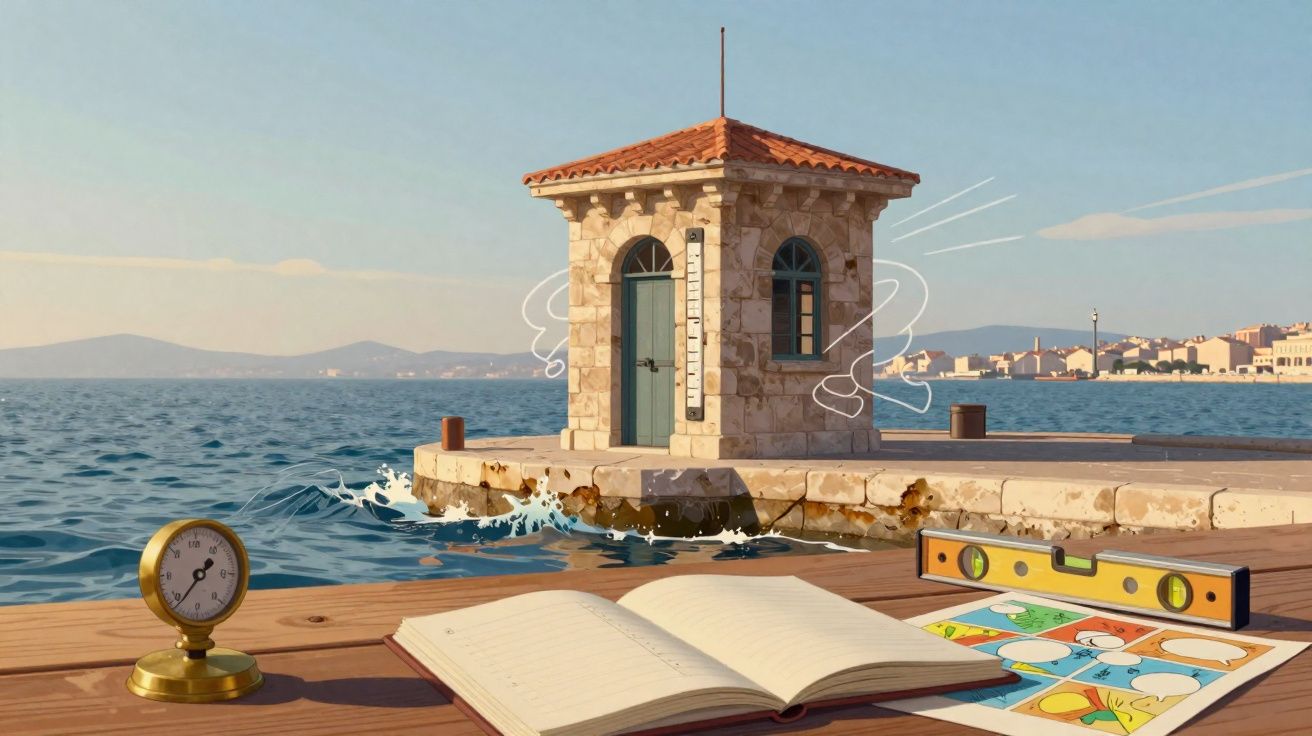 Pequena casa de pedra à beira-mar com livro aberto, nível de bolha, manômetro e gibi sobre o cais de madeira.