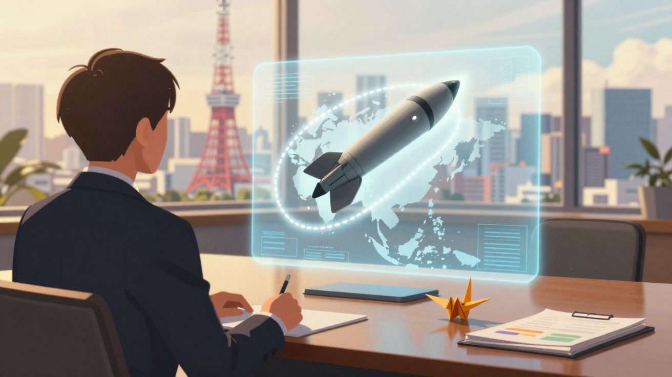 Homem em escritório observa holograma de foguete com mapa do mundo ao fundo.