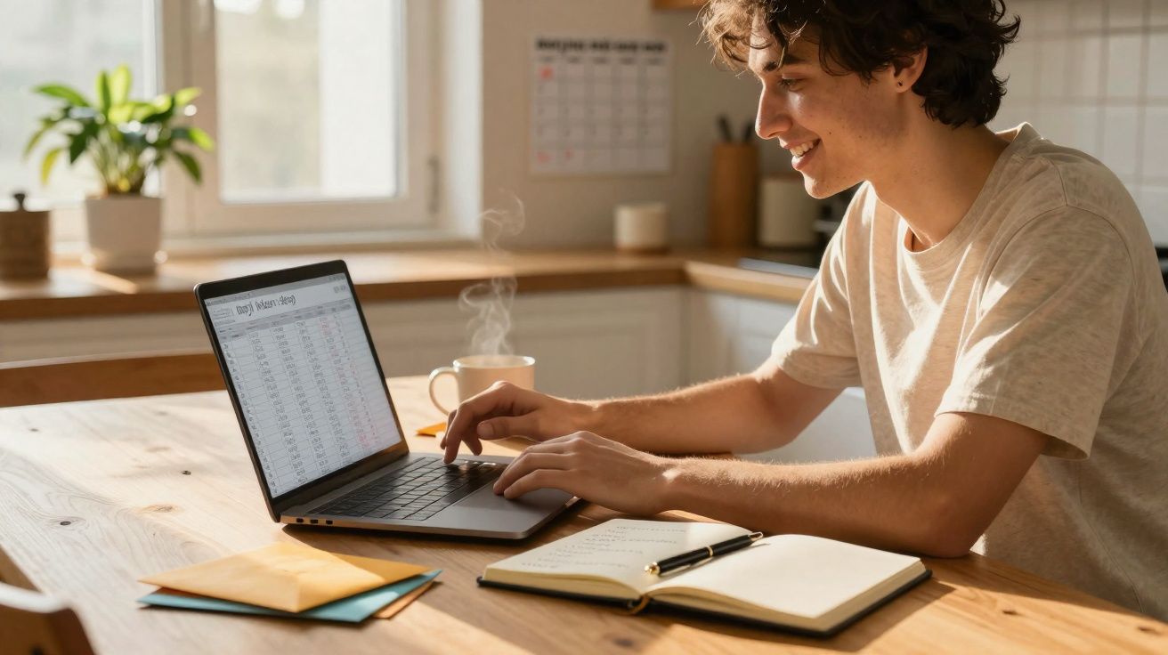 Jovem sorridente trabalhando no laptop em mesa com caderno aberto e xícara de café fumegante na cozinha.
