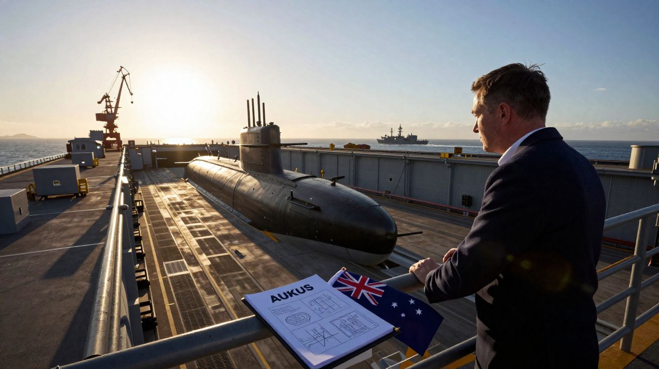 Homem observa submarino em doca seca com bandeira australiana e documento com texto AUKUS.