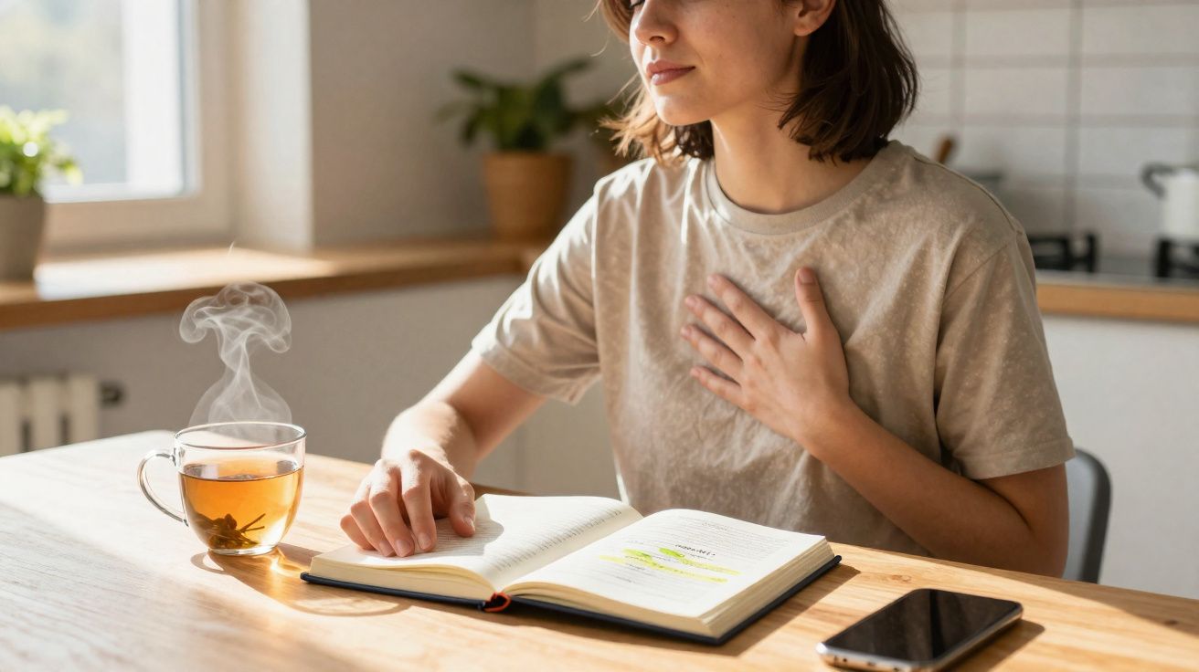 Mulher sentada à mesa com mão no peito e lendo um livro ao lado de uma xícara de chá quente.