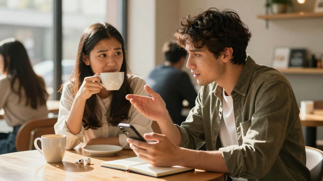 Jovem segurando celular conversa sério com mulher que toma café em mesa de cafeteria.