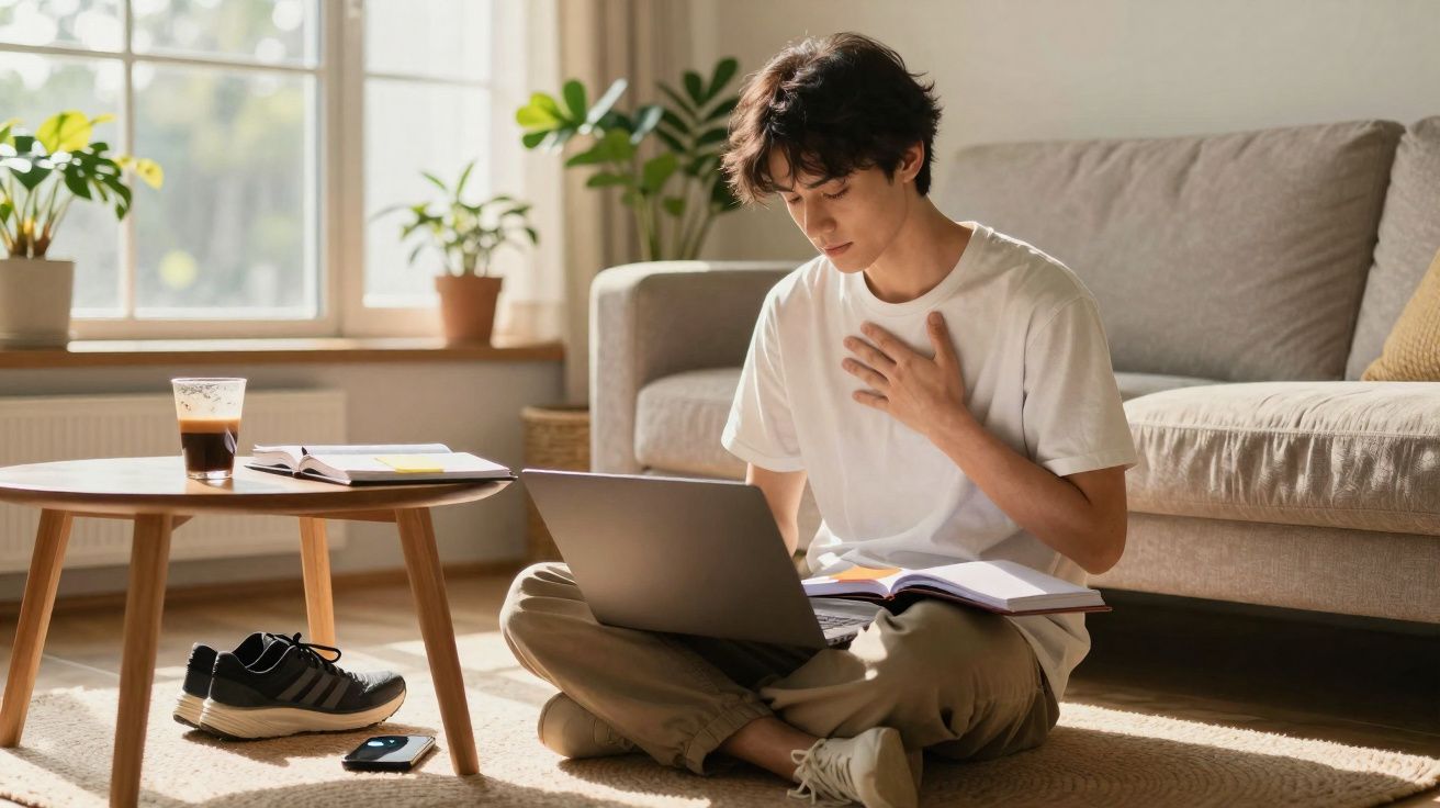 Jovem sentado no chão da sala, estudando com laptop e livro, parece preocupado com a mão no peito.