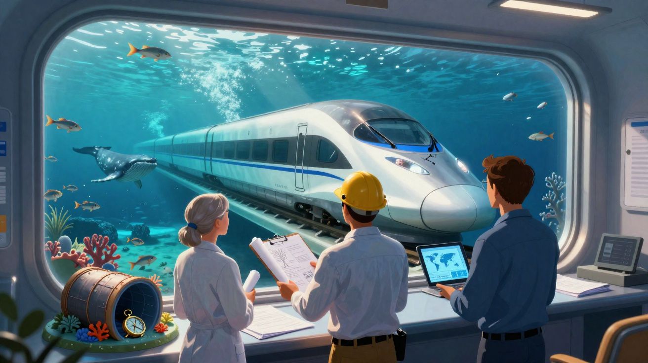 Três pessoas observam um trem submarino passando por um grande painel de vidro no fundo do mar.