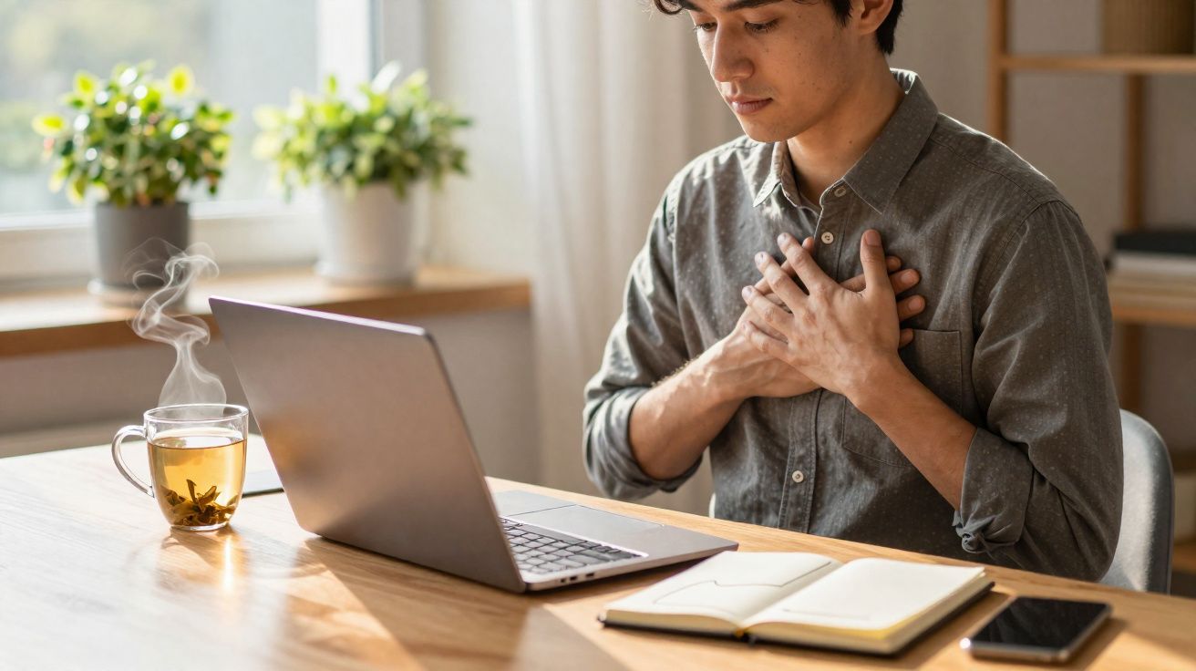 Jovem sentado à mesa com mãos no peito, computador, chá quente e caderno à sua frente.
