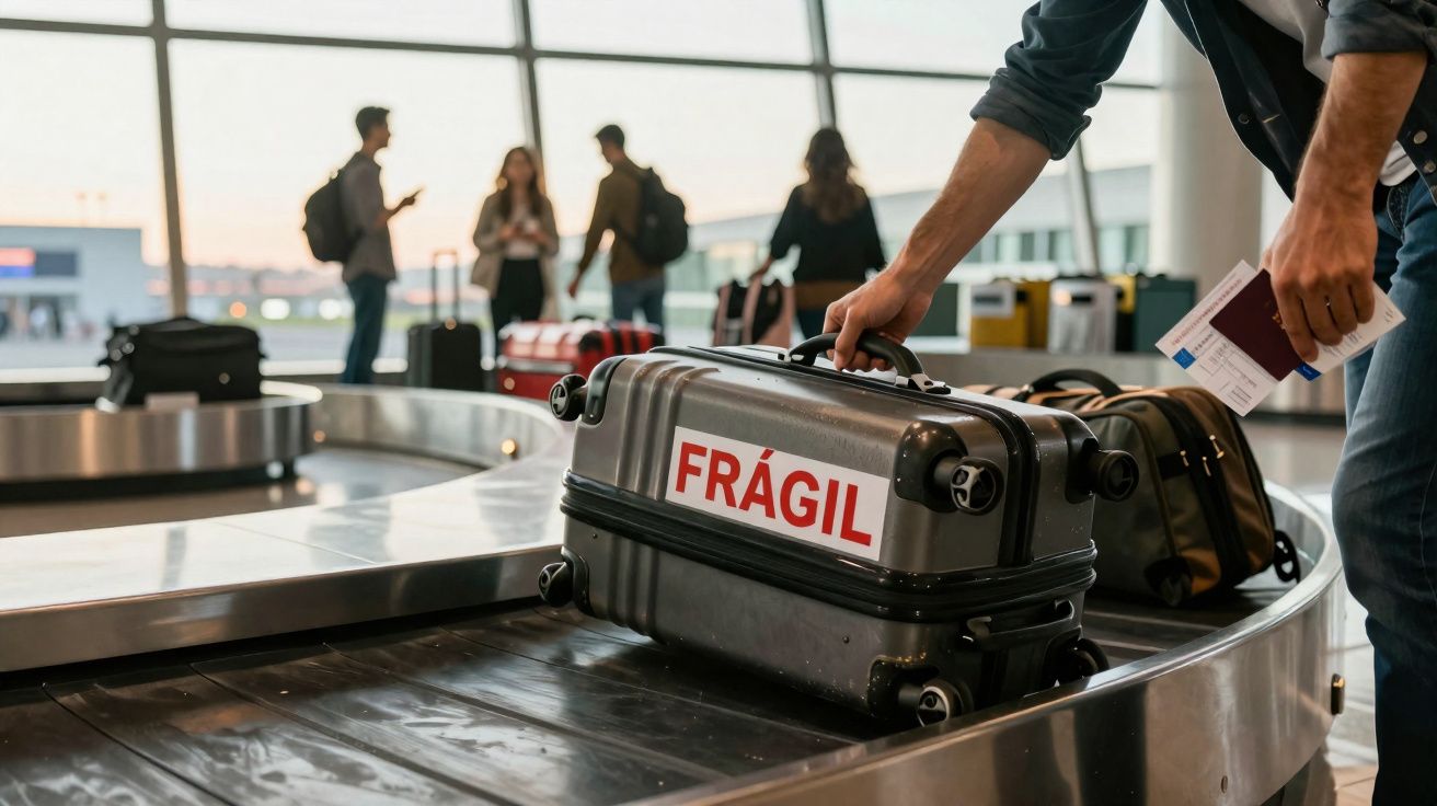 Pessoa retirando mala cinza com etiqueta "Frágil" na esteira de bagagens de aeroporto.
