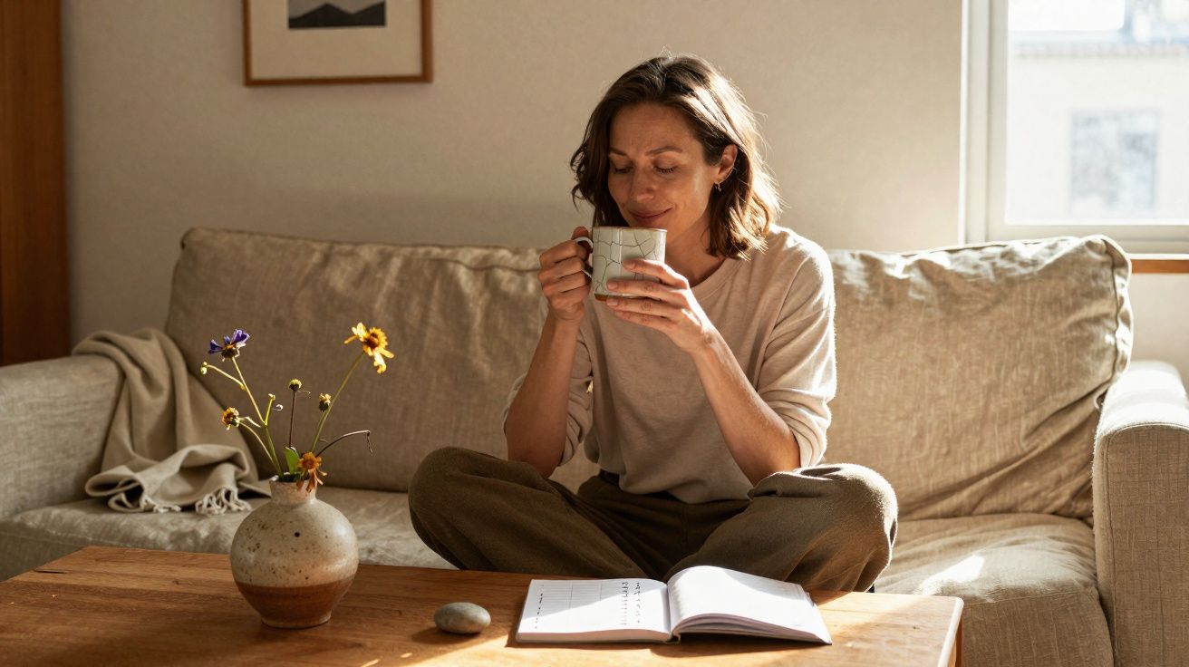 Mulher sentada no sofá com livro aberto em mesa, segurando caneca e sorrindo com olhos fechados.