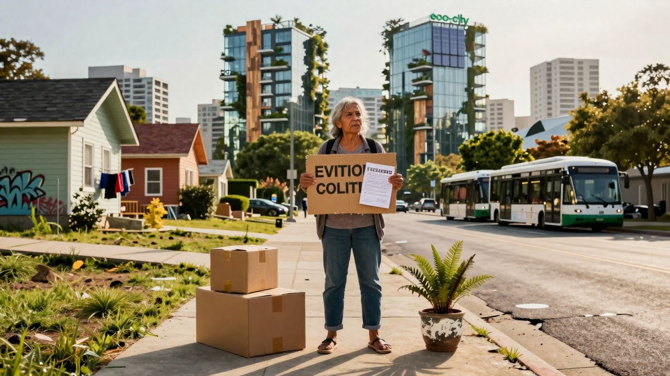 Mulher idosa com placas e caixas na calçada em bairro misto de casas e prédios modernos ao fundo.