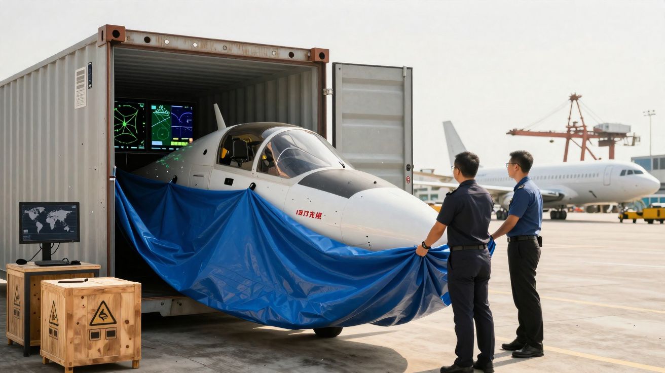 Dois homens examinam um simulador de voo de avião parcialmente coberto por lona azul em container aberto.