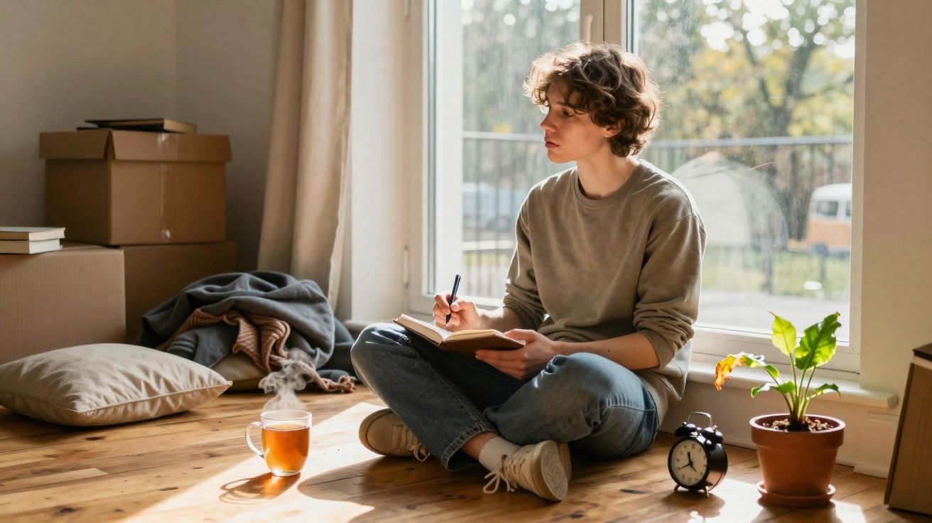 Pessoa sentada no chão escrevendo em caderno perto de xícara de chá, vaso com planta e despertador.