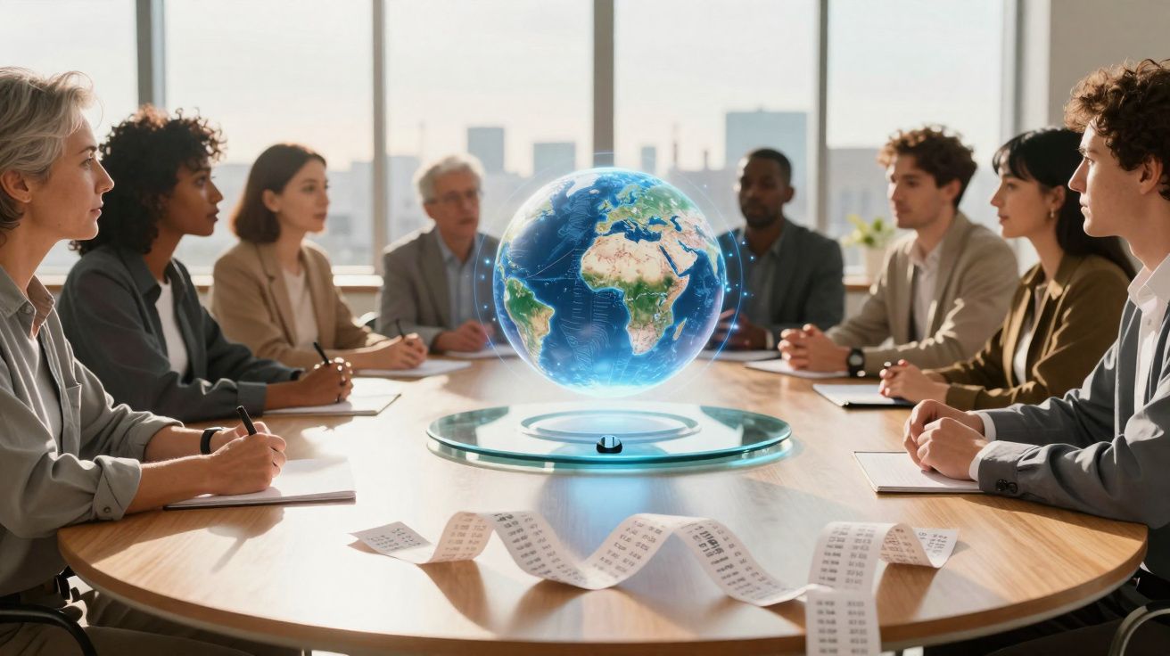 Grupo diverso em reunião ao redor de mesa com globo terrestre holográfico flutuante no centro.