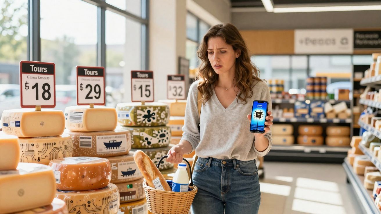 Mulher com expressão preocupada faz compra em mercado de queijos segurando celular na mão direita.