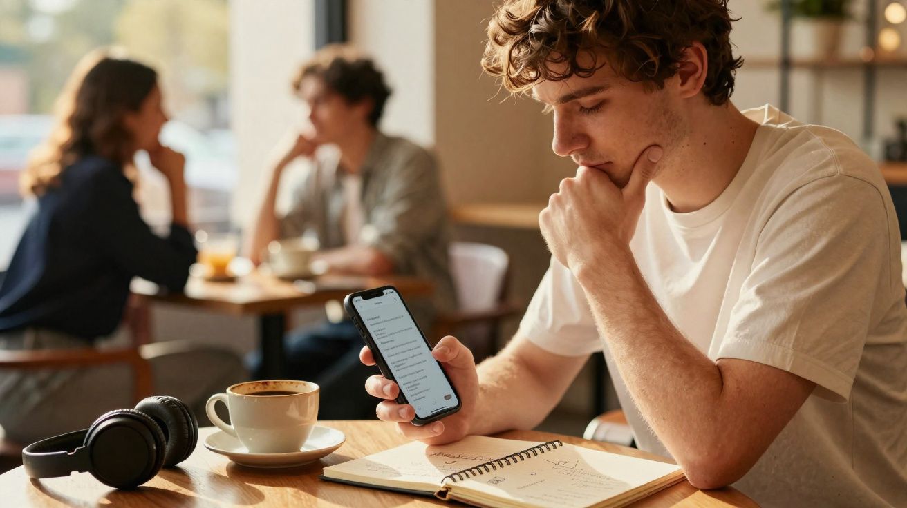 Jovem sentado em cafeteria, olhando para celular com caderno aberto e xícara de café na mesa.