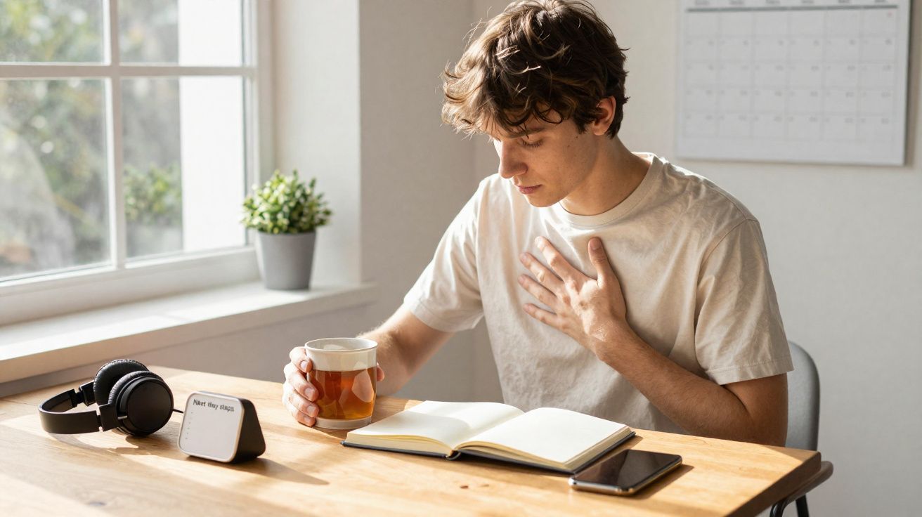 Jovem sentado à mesa segurando um copo de chá e com a outra mão no peito, lendo um livro aberto.