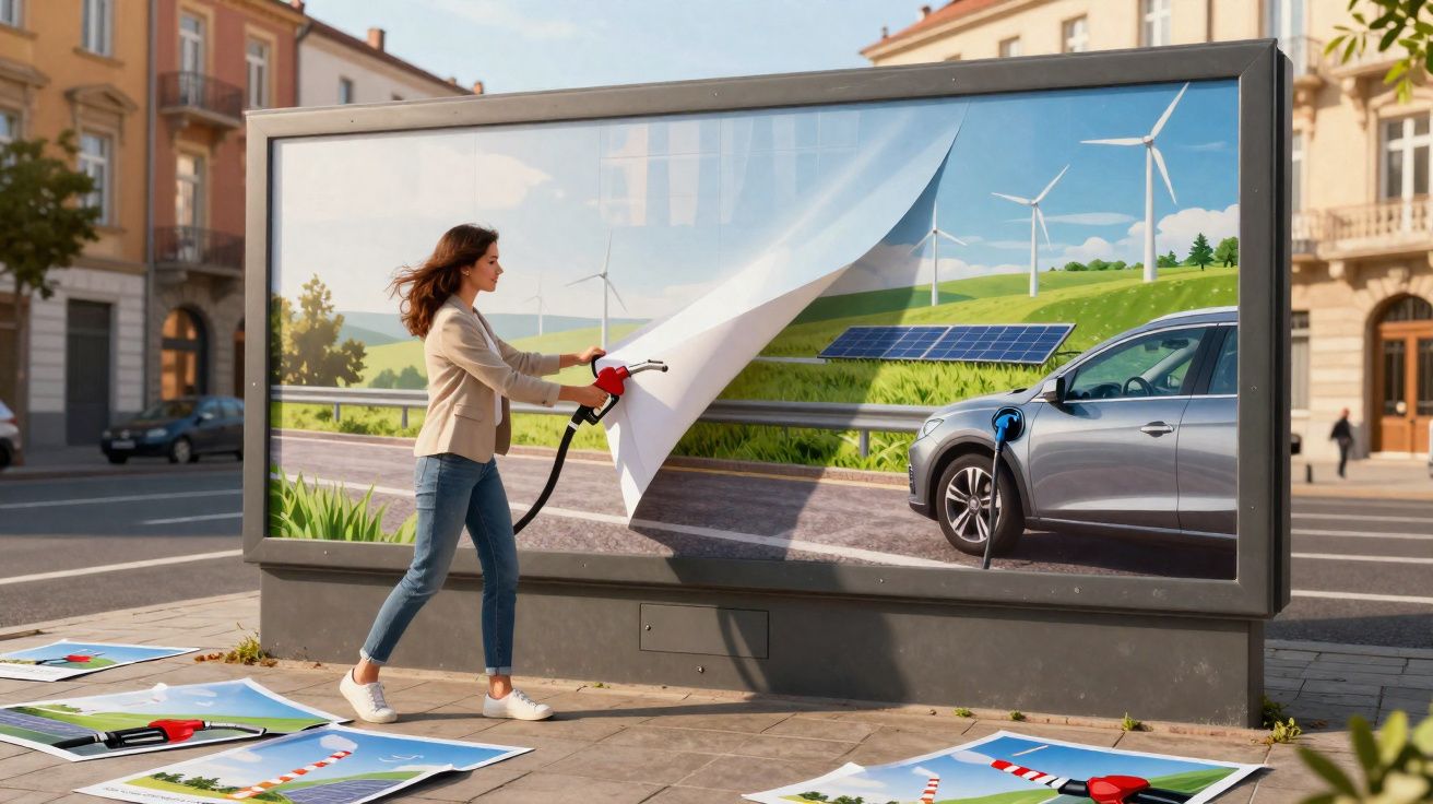 Mulher removendo cartaz de posto de gasolina para revelar carro elétrico e energia renovável ao fundo.