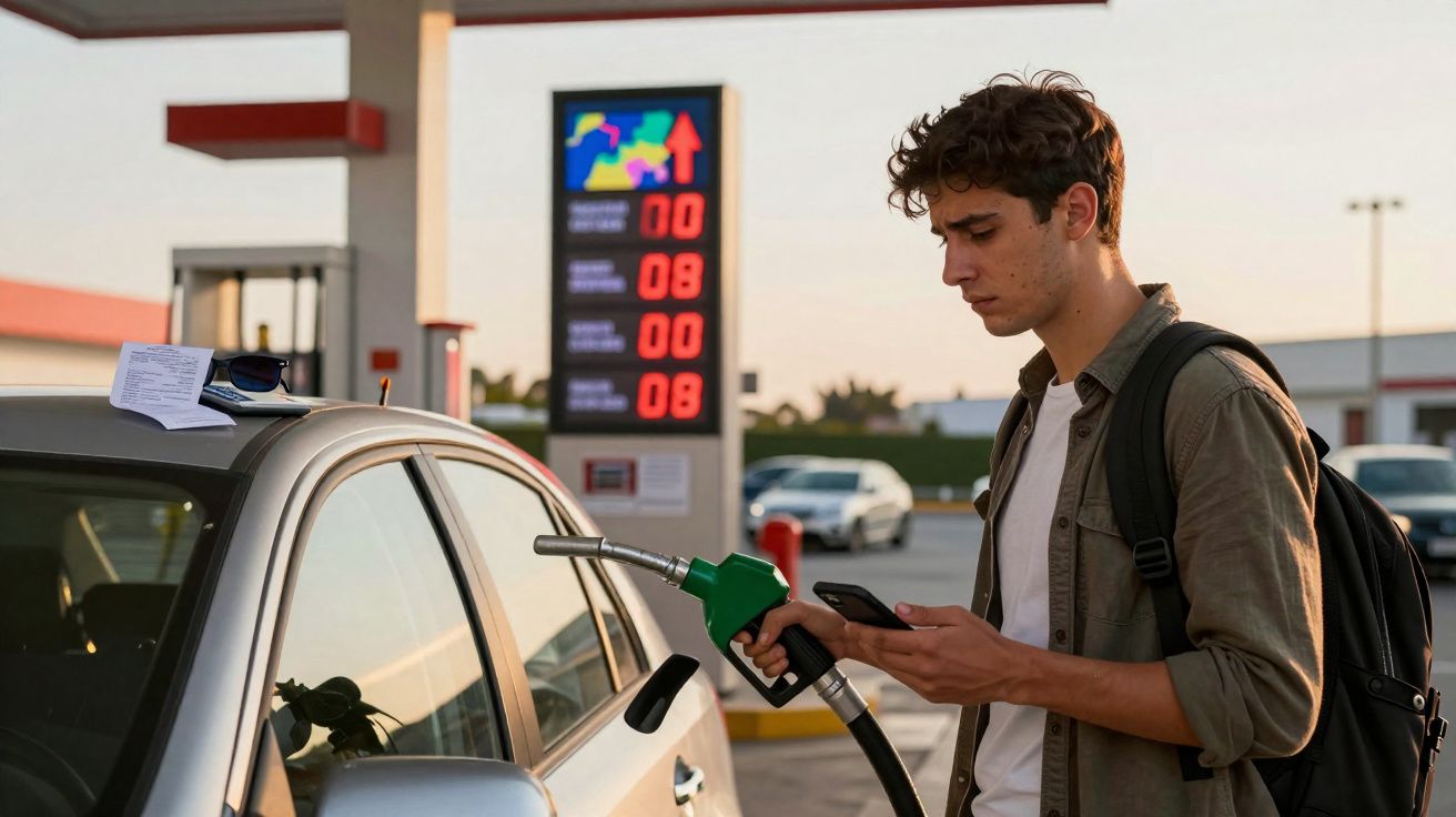Jovem com mochila abastecendo carro com bomba verde em posto de gasolina ao entardecer.