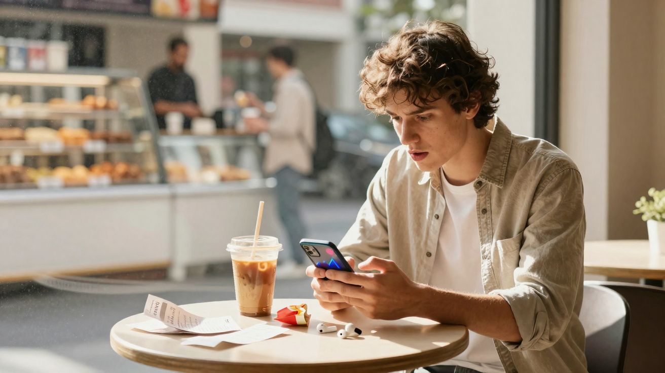 Jovem sentado em cafeteria olhando para celular com copo de café e recibos na mesa.