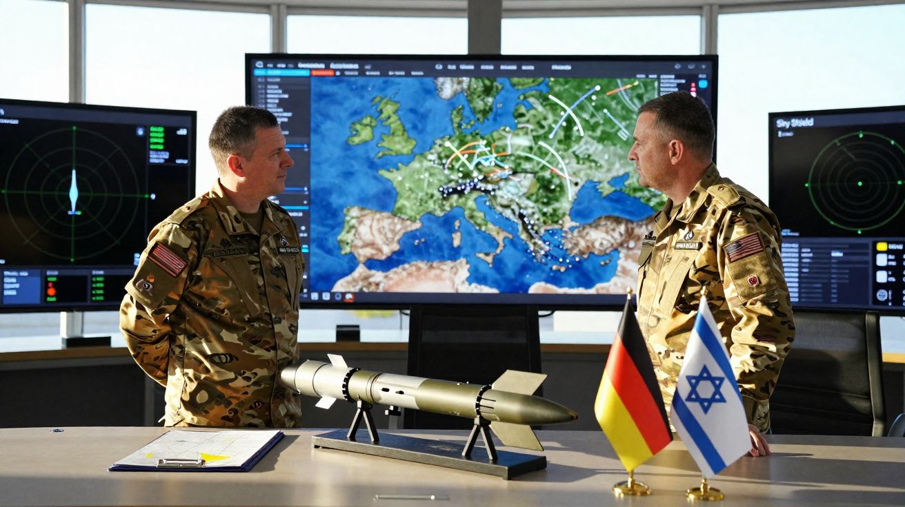 Dois militares em uniforme conversam em sala com mapas e radar, com uma maquete de míssil e bandeiras da Alemanha e Israel.
