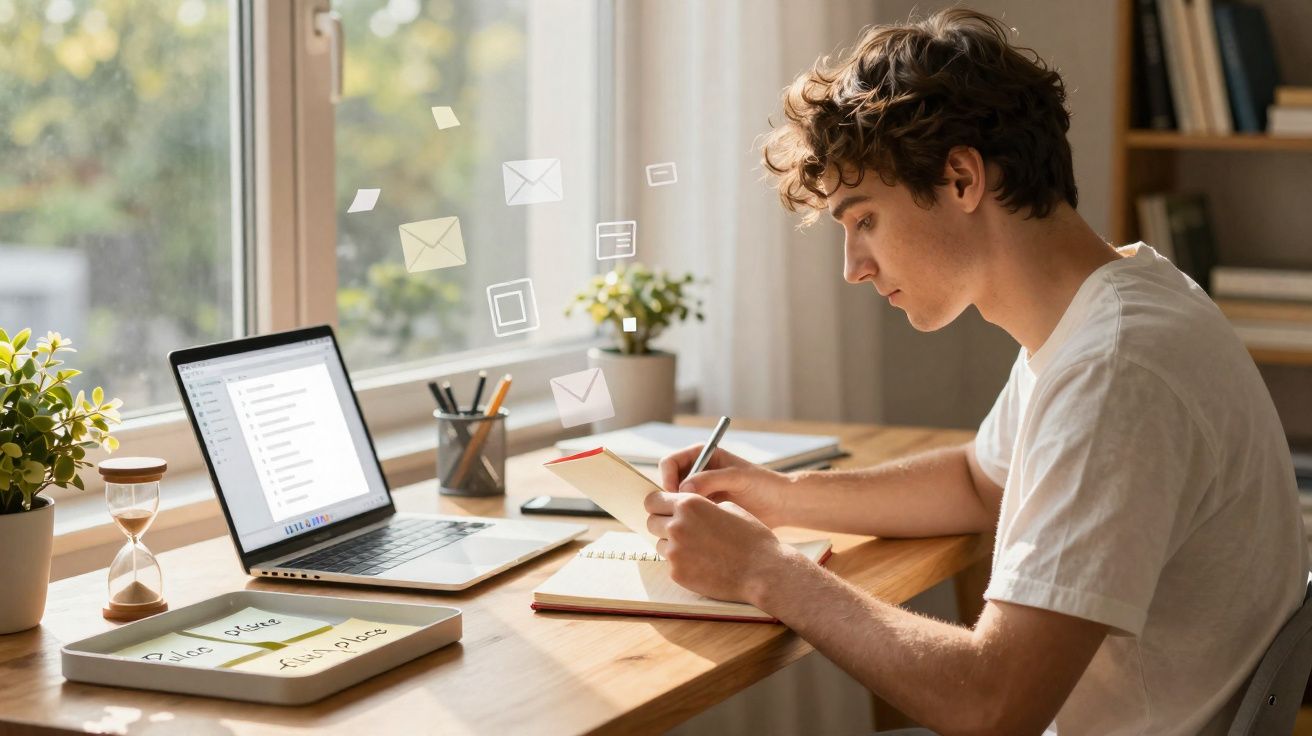 Jovem escrevendo em caderno com laptop aberto em mesa iluminada por luz natural perto da janela.
