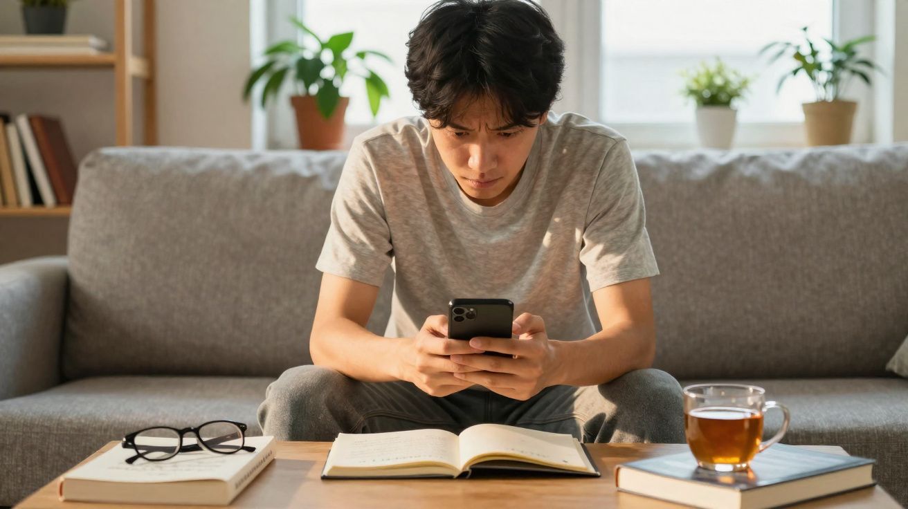 Jovem sentado no sofá usando celular em frente a mesa com livros, cadernos, óculos e xícara de chá.